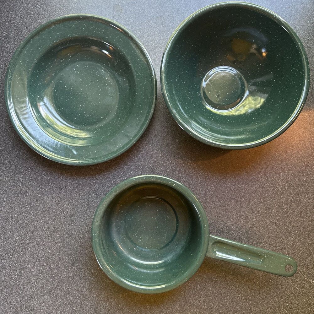 Green Speckled Enamelware 5 1/2" Sauce Pan And 2 Bowls Granite Ware Camping Hike